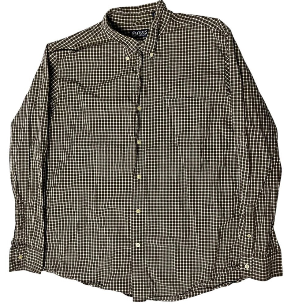 Chaps‎ Men's XL Casual Button Down Shirt Brown White Checkered Plaid Work Office